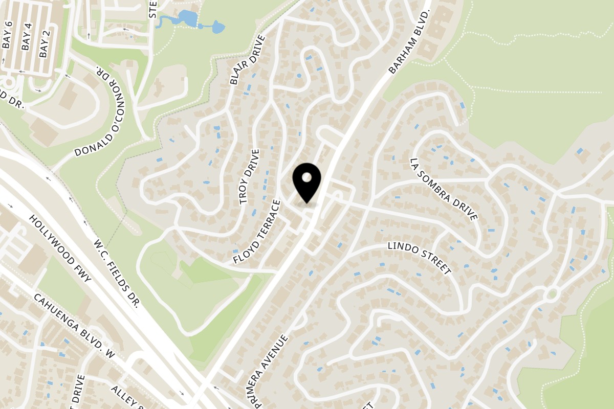Map showing the location of The Great White Hut Hollywood Knolls on 3353 Barham Blvd in Los Angeles